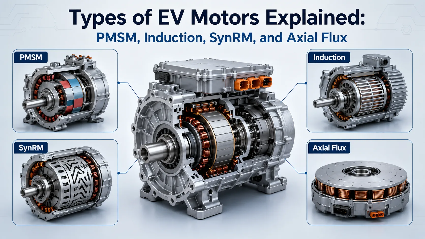 Types of EV Motors Explained: PMSM, Induction, SynRM, and Axial Flux
