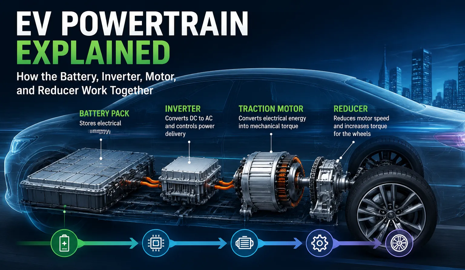 EV Powertrain Explained: How the Battery, Inverter, Motor, and Reducer Work Together 